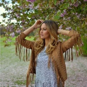 Fringed Tan Leather Jacket for Women - Boho Chic